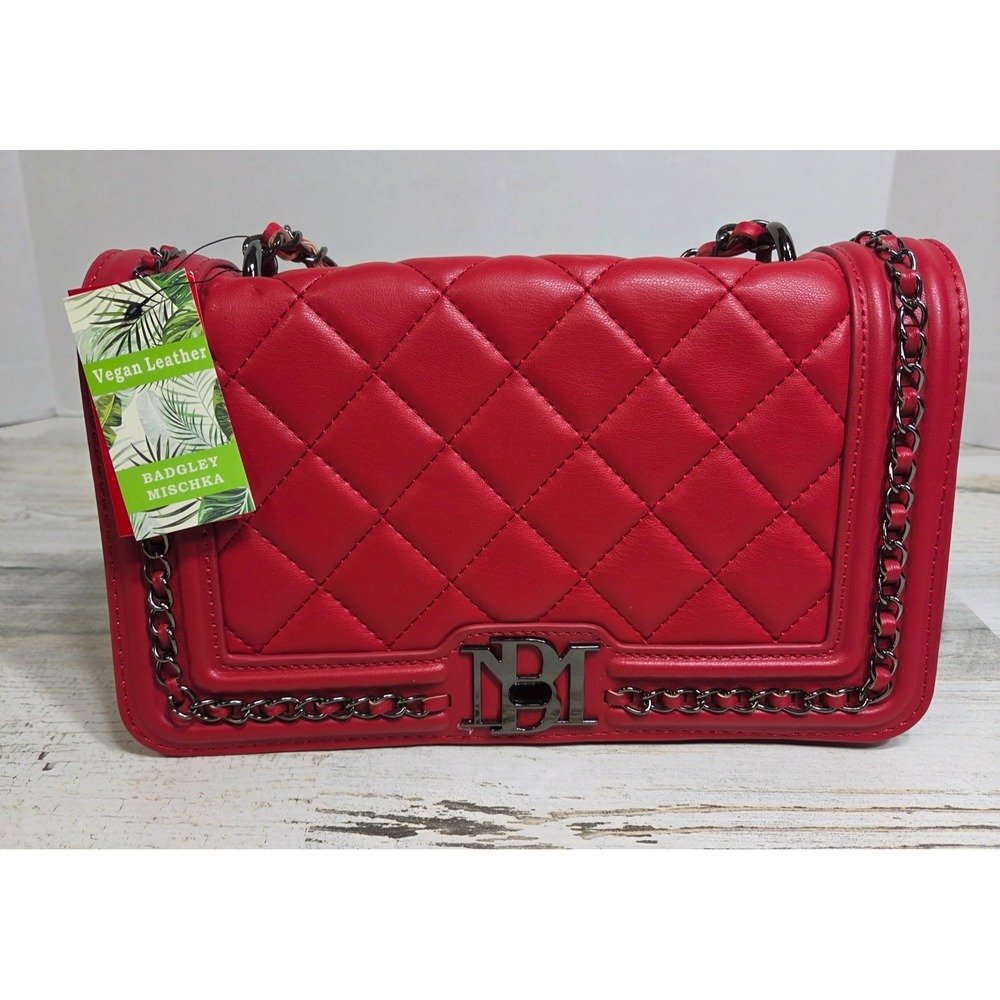 Badgley Mischka Red Quilted Crossbody Bag Flap Vegan Leather Chain Strap NWT